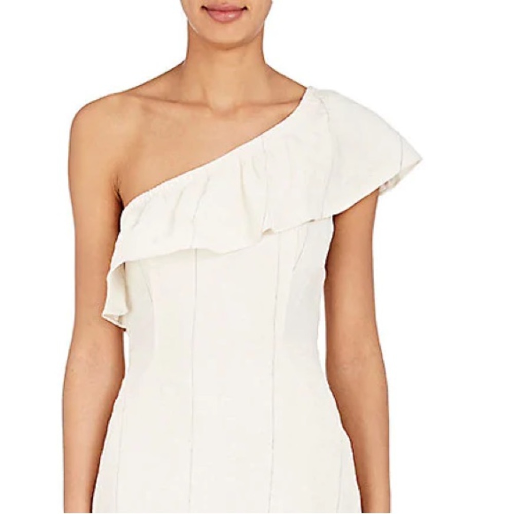 NWT A.L.C. One Shoulder Linen Silk Ruffle Overlay Midi Dress Ecru Navy Stripe - Picture 4 of 11